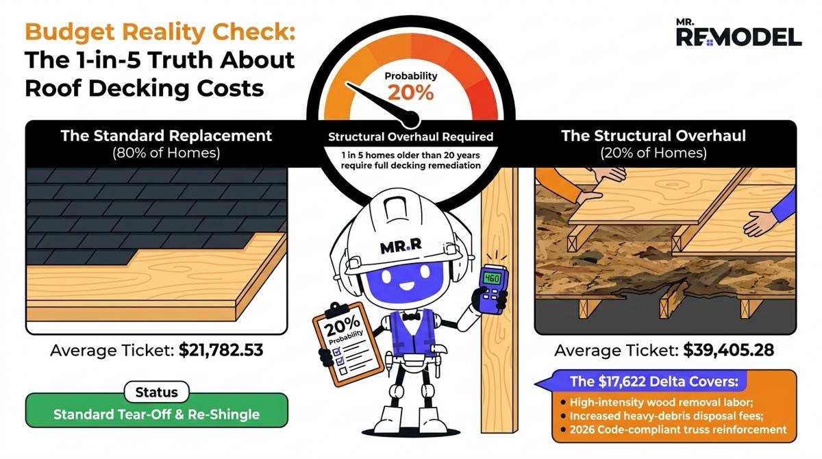 A 2026 roof decking cost summary infographic explaining the '20% Rule,' contrasting the $21,782 standard replacement against the $39,405 average for a structural overhaul.